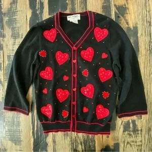 Vintage Hearts Black Red Cardigan Sweater Jack B Quick Size Small